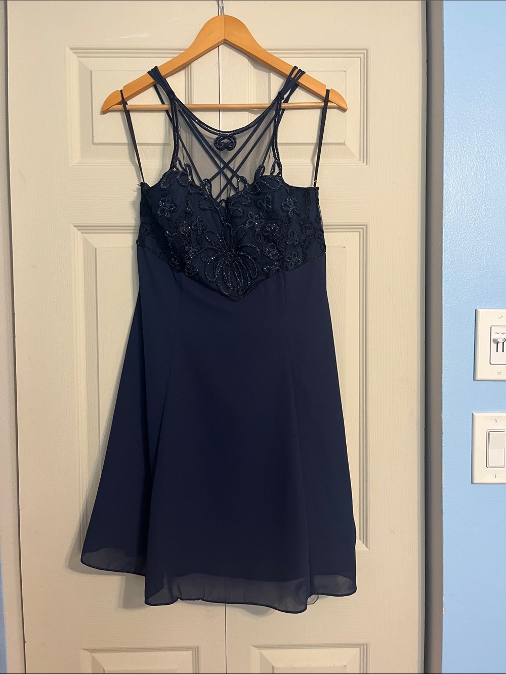 Navy Embellished Mini Dress with Sheer Strappy Back
